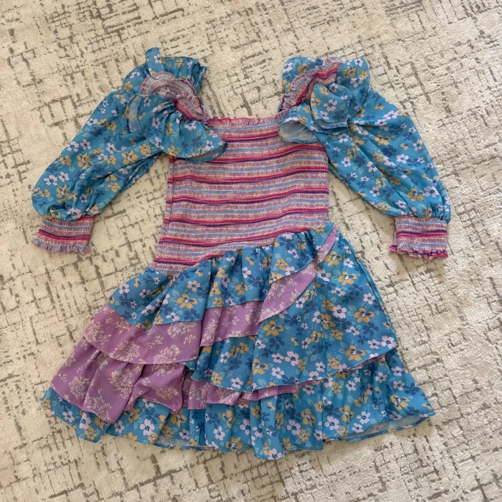 H1 Yvonne & Love Floral Smocked Tiered Ruffle Mini Dress Blue Purple Puff Sleeve
